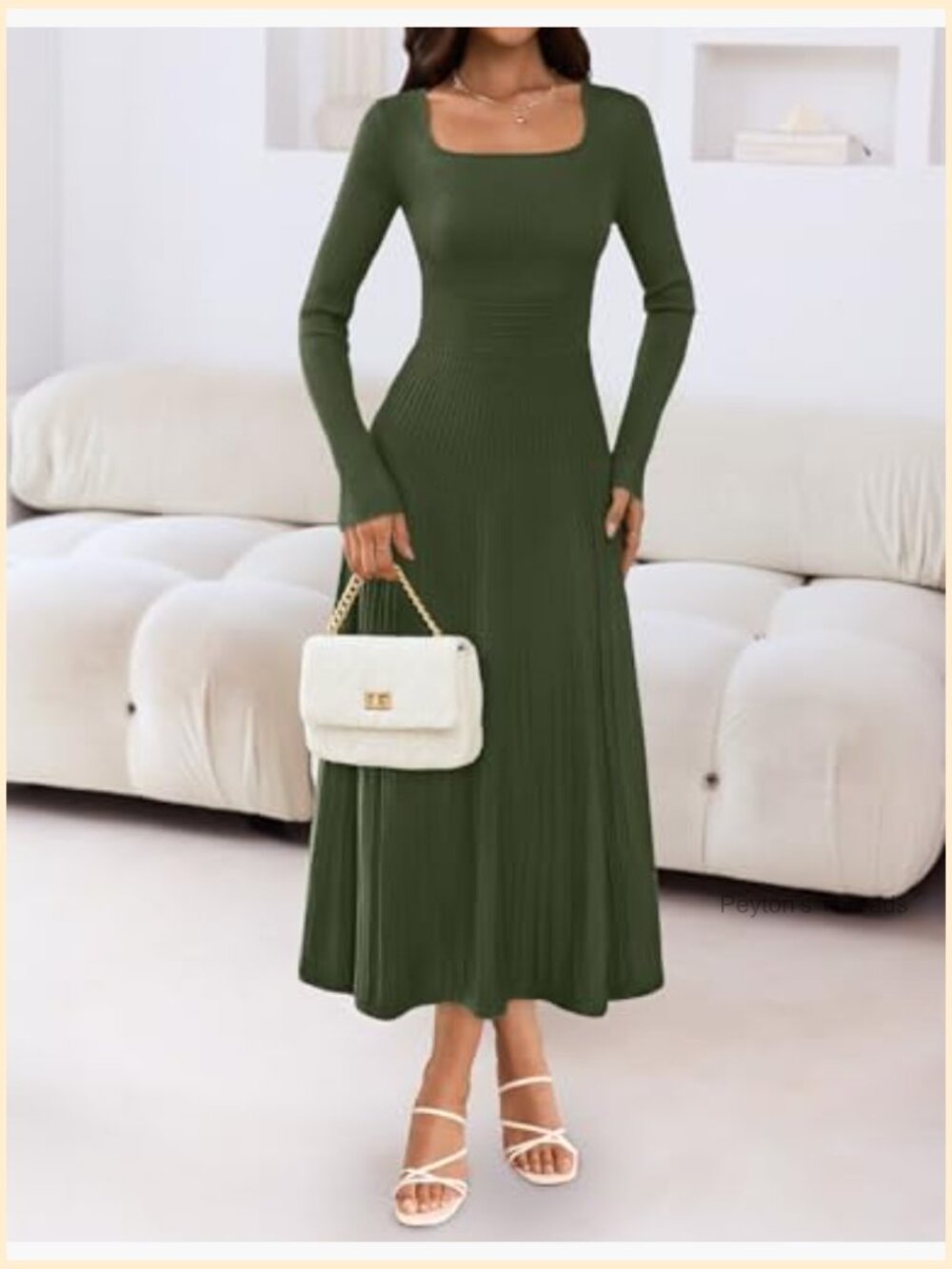 Long Sleeve Square Neck Pleated Knit Midi Dress for Women - Picture 3 of 7